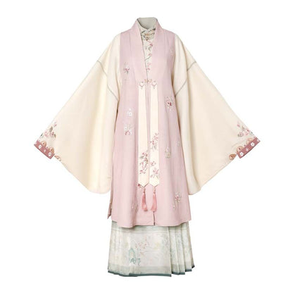 Long-Sleeve Floral Embroidered Hanfu Top / Fluffy Collar Vest / High Waist Floral Print Mamian Skirt / Sash / Set