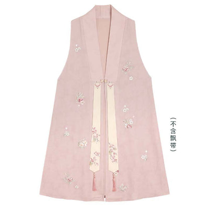 Long-Sleeve Floral Embroidered Hanfu Top / Fluffy Collar Vest / High Waist Floral Print Mamian Skirt / Sash / Set