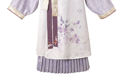 Long-Sleeve Floral Print Hanfu Robe / Sash / High Waist Pleated Skirt / Fluffy Scarf / Tassel Ornament / Brooch / Set