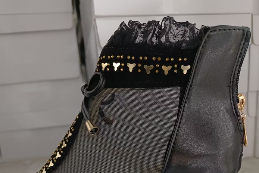 Heel Boots Mesh Trim Pointed Ankle Panel Lace Chunky