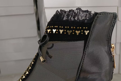 Heel Boots Mesh Trim Pointed Ankle Panel Lace Chunky
