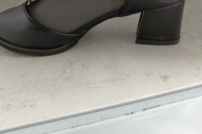 Heel Boots Mesh Trim Pointed Ankle Panel Lace Chunky