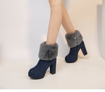 Heel Ankle Platform Trim Chunky Fluffy Boots
