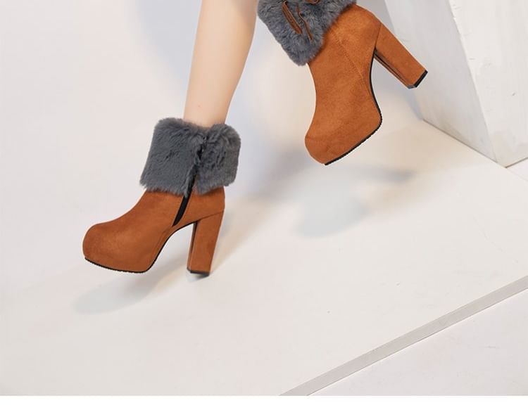 Heel Ankle Platform Trim Chunky Fluffy Boots