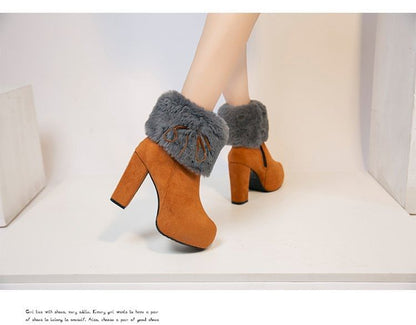 Heel Ankle Platform Trim Chunky Fluffy Boots