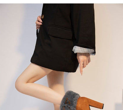 Heel Ankle Platform Trim Chunky Fluffy Boots