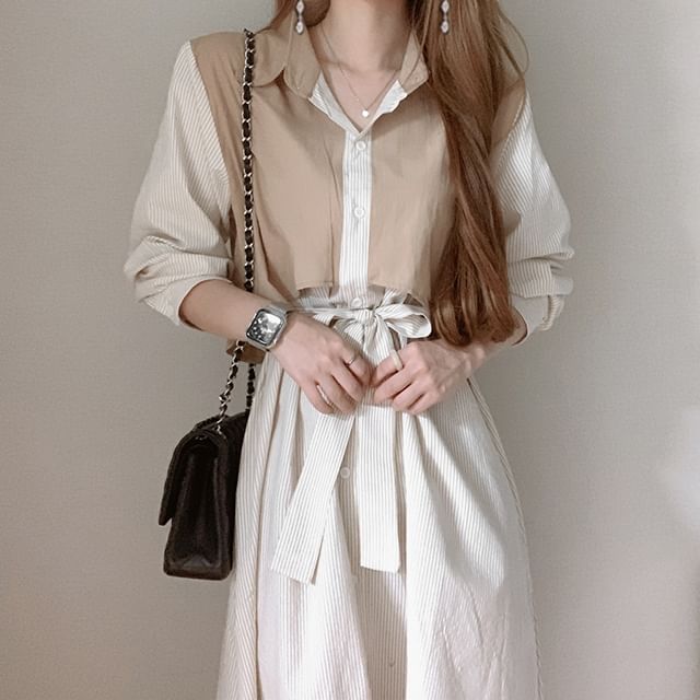 Mock Two-Piece Long-Sleeve Striped A-Line Shirt Dress