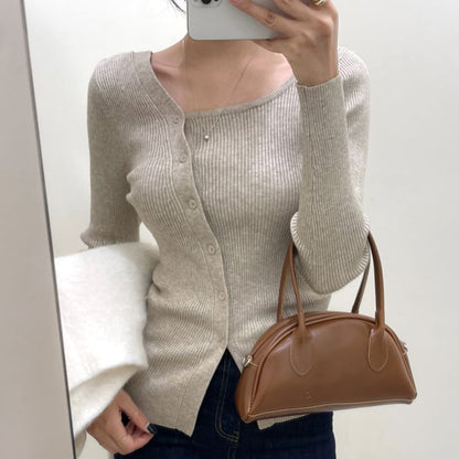 Long-Sleeve Asymmetrical Neckline Button-Up Knit Top