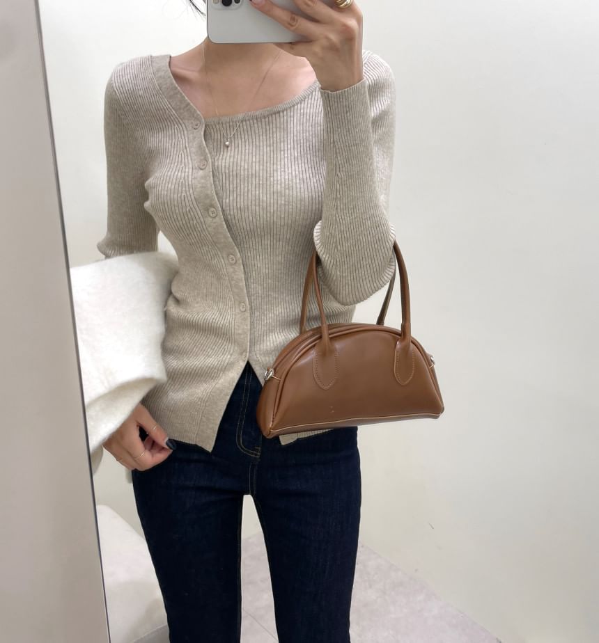 Long-Sleeve Asymmetrical Neckline Button-Up Knit Top