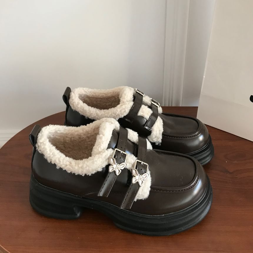 Buckled Fleece-Lined Platform Loafers