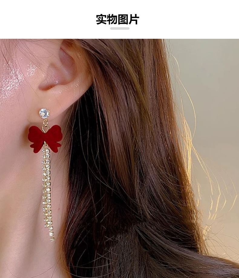 Flocking Bow Rhinestone Alloy Threader Earring