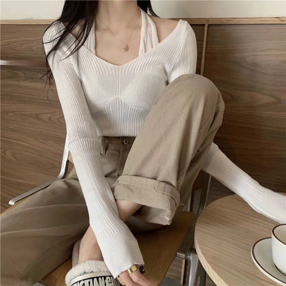 Neck Long-Sleeve Fit Slim Ribbed Halter Knit Top Mock Two-Piece Plain
