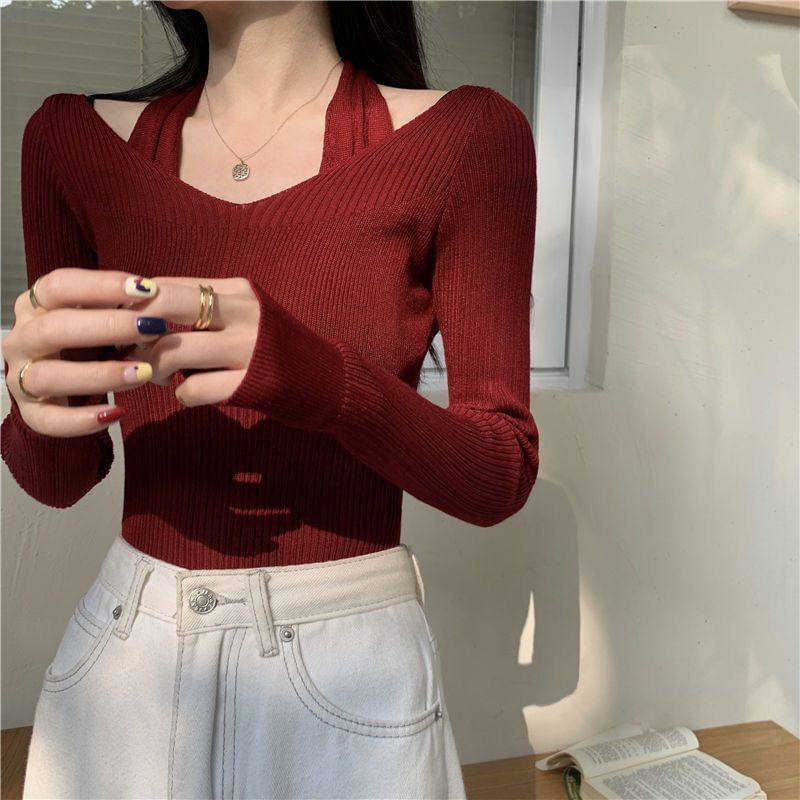 Neck Long-Sleeve Fit Slim Ribbed Halter Knit Top Mock Two-Piece Plain