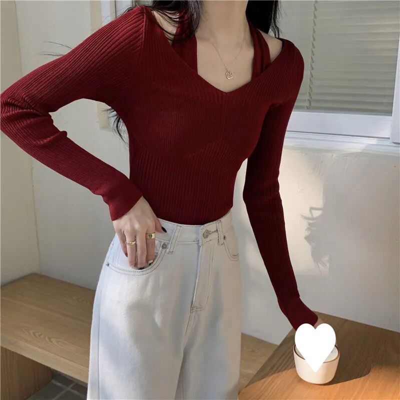 Neck Long-Sleeve Fit Slim Ribbed Halter Knit Top Mock Two-Piece Plain