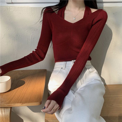 Neck Long-Sleeve Fit Slim Ribbed Halter Knit Top Mock Two-Piece Plain