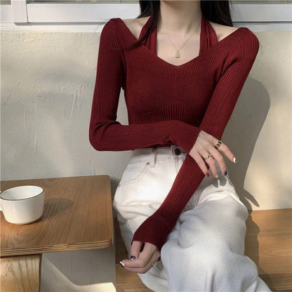Neck Long-Sleeve Fit Slim Ribbed Halter Knit Top Mock Two-Piece Plain