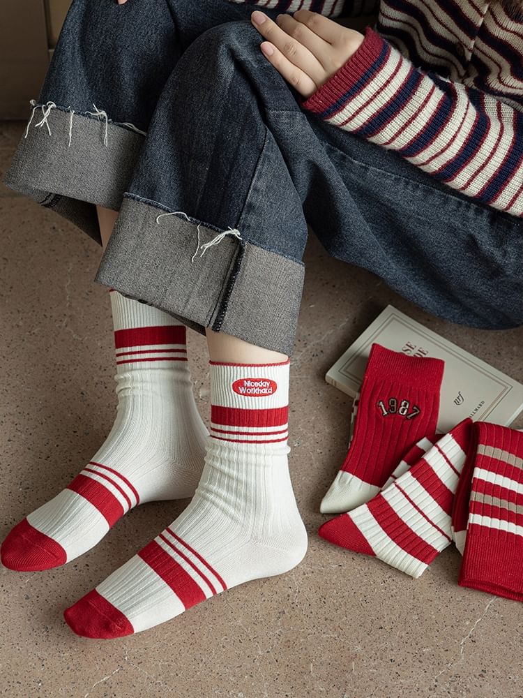 Striped Socks / Letter Embroidered Socks / Set