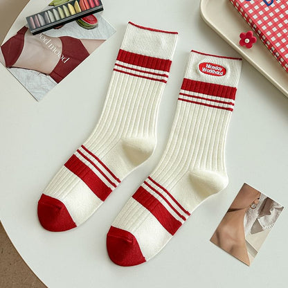 Striped Socks / Letter Embroidered Socks / Set