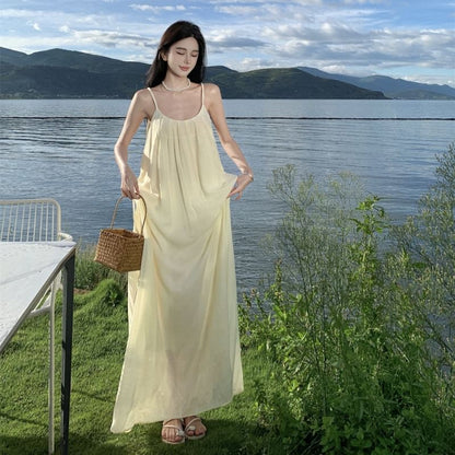 Maxi Back Neck Plain A-Line Strap Scoop Dress Open Spaghetti