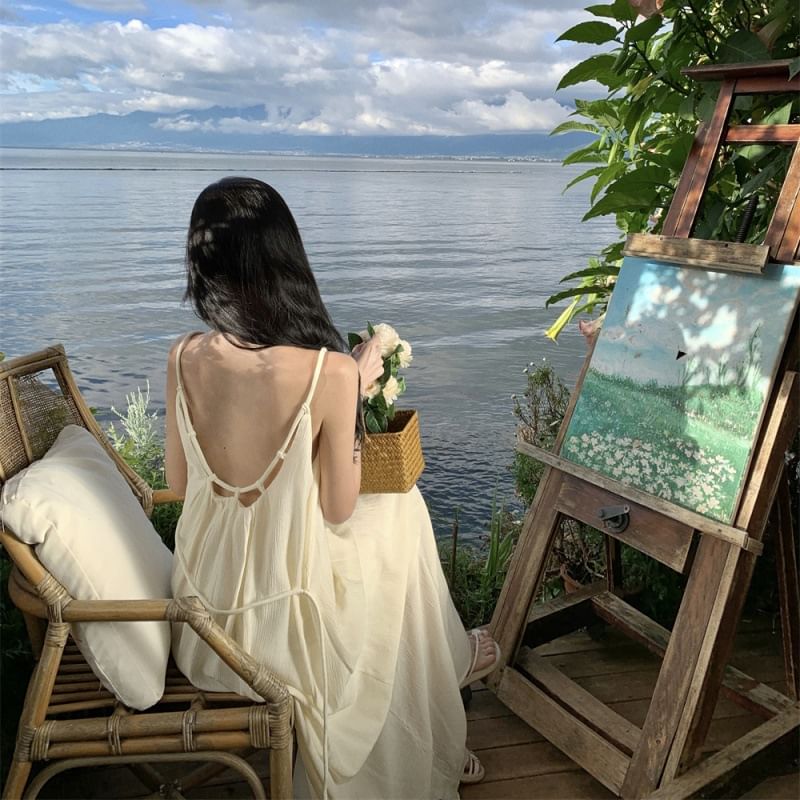 Maxi Back Neck Plain A-Line Strap Scoop Dress Open Spaghetti