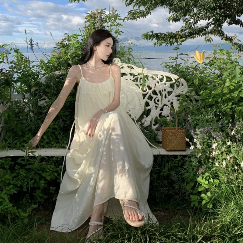 Maxi Back Neck Plain A-Line Strap Scoop Dress Open Spaghetti