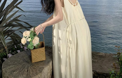 Maxi Back Neck Plain A-Line Strap Scoop Dress Open Spaghetti