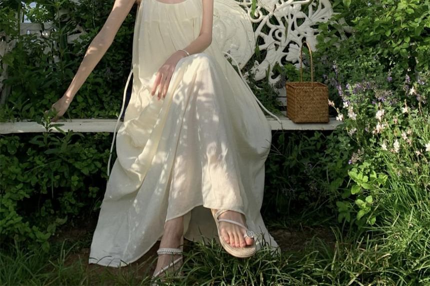 Maxi Back Neck Plain A-Line Strap Scoop Dress Open Spaghetti