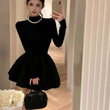Mini Mock A-Line Plain Layered Long-Sleeve Neck Knit Dress