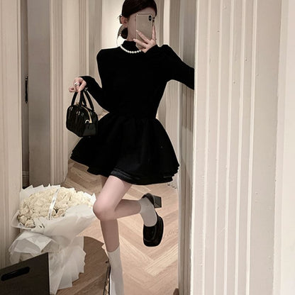 Mini Mock A-Line Plain Layered Long-Sleeve Neck Knit Dress