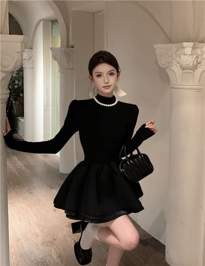Mini Mock A-Line Plain Layered Long-Sleeve Neck Knit Dress