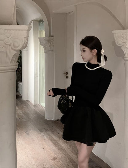 Mini Mock A-Line Plain Layered Long-Sleeve Neck Knit Dress