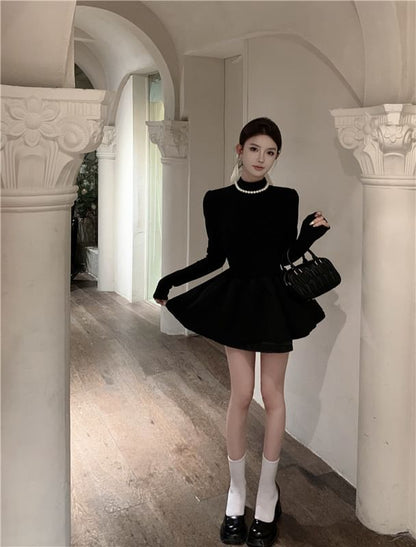 Mini Mock A-Line Plain Layered Long-Sleeve Neck Knit Dress