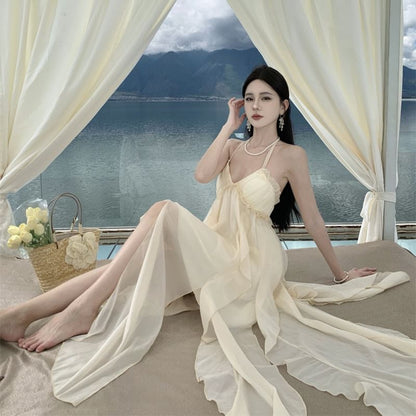 Open Asymmetrical Back Neck Dress Ruffle Frill Maxi A-Line Trim Plain Halter