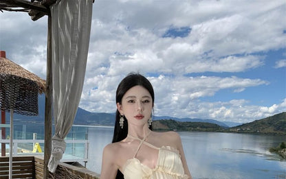 Open Asymmetrical Back Neck Dress Ruffle Frill Maxi A-Line Trim Plain Halter