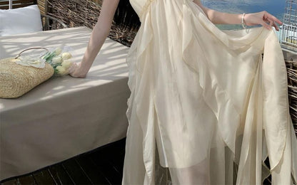 Open Asymmetrical Back Neck Dress Ruffle Frill Maxi A-Line Trim Plain Halter