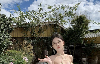 Open Asymmetrical Back Neck Dress Ruffle Frill Maxi A-Line Trim Plain Halter