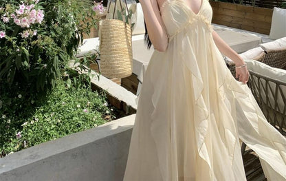 Open Asymmetrical Back Neck Dress Ruffle Frill Maxi A-Line Trim Plain Halter