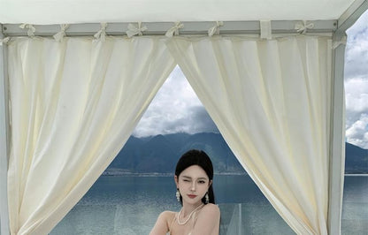 Open Asymmetrical Back Neck Dress Ruffle Frill Maxi A-Line Trim Plain Halter