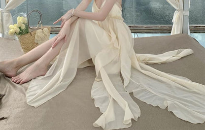 Open Asymmetrical Back Neck Dress Ruffle Frill Maxi A-Line Trim Plain Halter