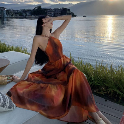 Maxi Smocked Tie A-Line Open Halter Back Dye Neck Dress