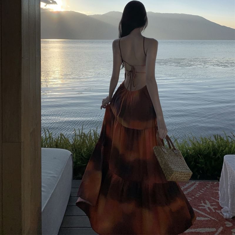 Maxi Smocked Tie A-Line Open Halter Back Dye Neck Dress