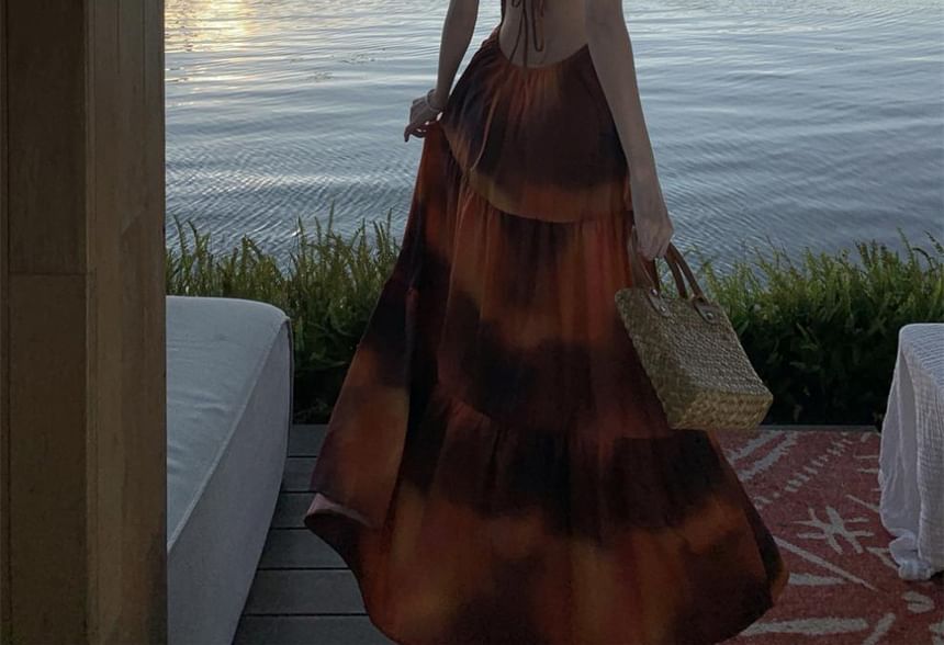 Maxi Smocked Tie A-Line Open Halter Back Dye Neck Dress