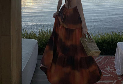 Maxi Smocked Tie A-Line Open Halter Back Dye Neck Dress