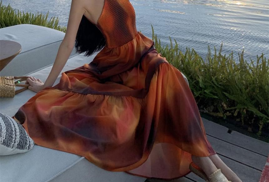 Maxi Smocked Tie A-Line Open Halter Back Dye Neck Dress