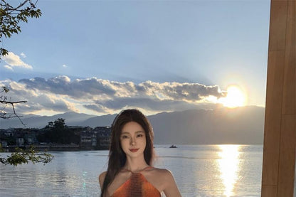 Maxi Smocked Tie A-Line Open Halter Back Dye Neck Dress