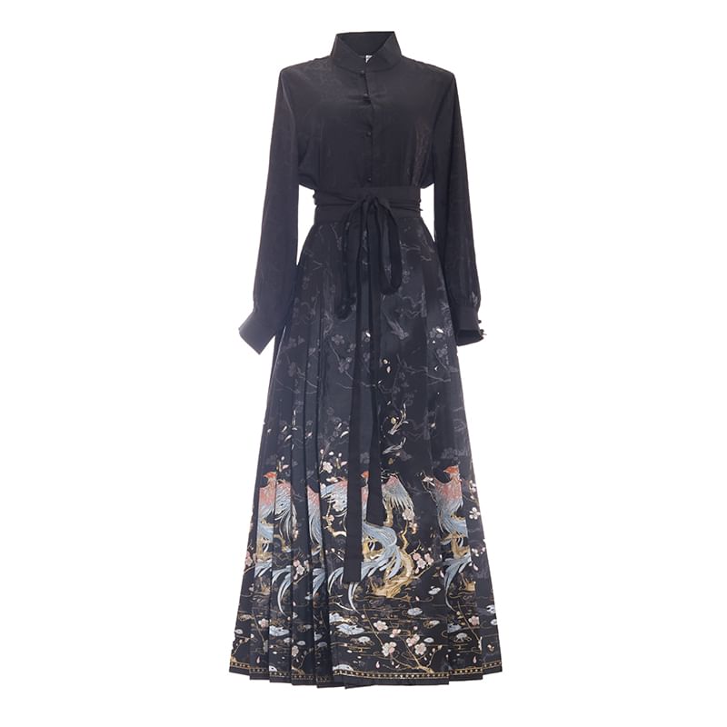 Traditional Chinese Long-Sleeve Stand Collar Plain Floral Jacquard Button-Up Top / High Rise Print Pleated Maxi A-Line Skirt