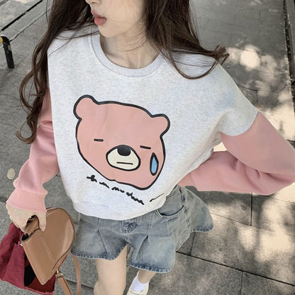 Long-Sleeve Crew Neck Bear Print Paneled Sweatshirt