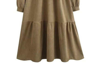 Long-Sleeve Collar Plain Corduroy Midi A-Line Dress