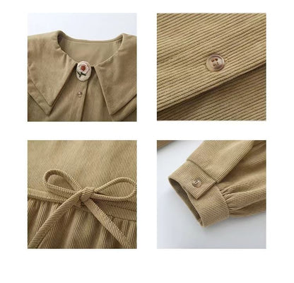 Long-Sleeve Collar Plain Corduroy Midi A-Line Dress