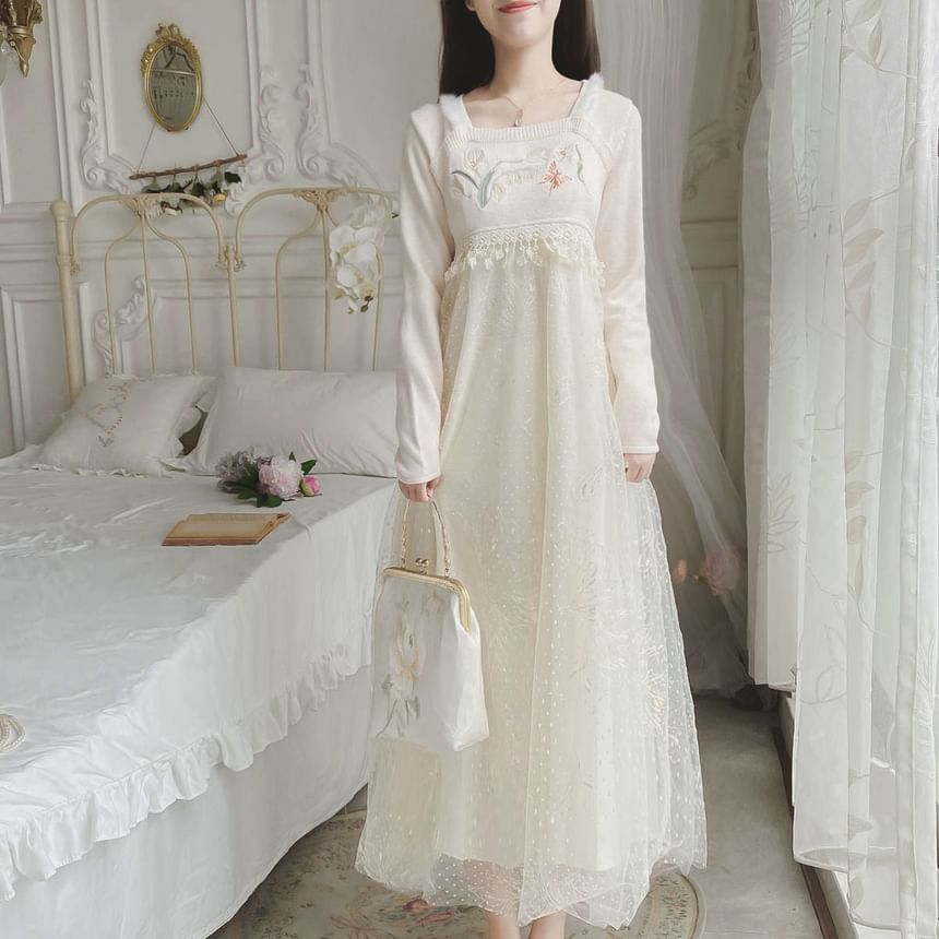 Long-Sleeve Square Neck Floral Embroidered Mesh Panel Midi A-Line Dress